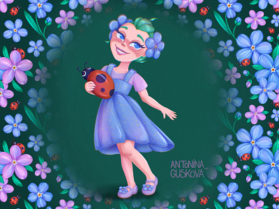 Forget - me - not character digital art illustration ladybug pattern postcard procreate