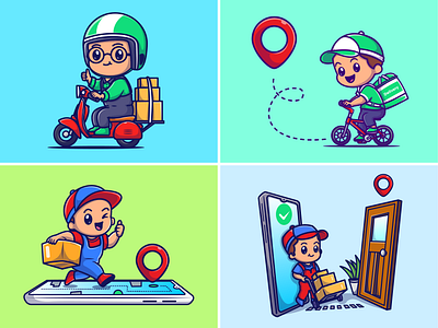 Cute courier delivery package👦🏻📦📍🛵💨 box boy character courier cute delivery driving hat house icon illustration logo man maps motorcyle onlineshop package packaging stuff transportation