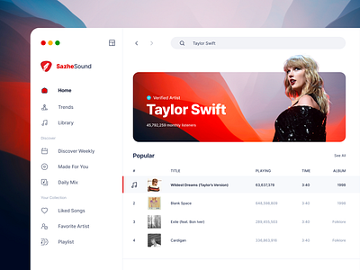 SazheSound - Music Player album apple clean dashboard joox media minimalist music netflix play playlist podcast red song spotify streaming taylorswift ui uiux web