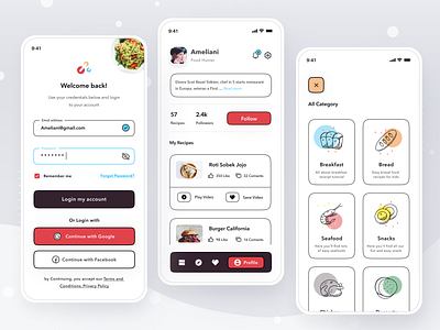 Cooking Apps app card clean cook cooking design ios login mobile new profile recipes register tutorial ui