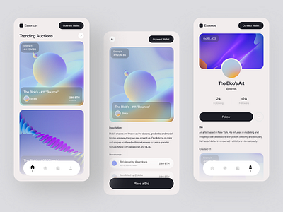 NFT Marketplace App app art auction bid clean cryptoart crytocurrency ethereum graphic design interface light mode minimal mobile mobile app nft nft app nft marketplace nfts ui ui design