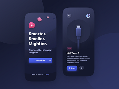 USB-C bubble dark ios landing page logitech mobile app neumorphism product page rounded share button skeuomorphism smaller smarter mightier ui usb c usb cable ux