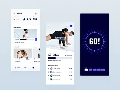 Fitness app - concept design v2 activity challange chart concept design data details page equipment fitness gym health home page material design minimal mobile app navigation sport statistics timer training workout
