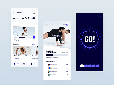 Fitness app - concept design v2 activity challange chart concept design data details page equipment fitness gym health home page material design minimal mobile app navigation sport statistics timer training workout