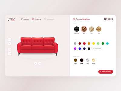 Sofa configurator - web app 2021 3d app clean configuration customize design details figma options process red settings shopping steps ui user experience ux wireframes