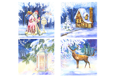 Christmas Postcards christmas christmas tree deer happy new year illustration lamp landscape postcard santa claus watercolour