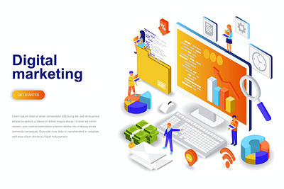 Digital Marketing Isometric Concept 3d 3d illustration app character concept design finance flat illustration isometric landing landing page page people ui ux vector web web design website