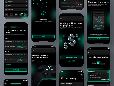 One Up & One Up OS Screens 3d illustration app cash confirmation dark day dollar esports gaming green ios location access mobile modal picker subscription ui ux xbox