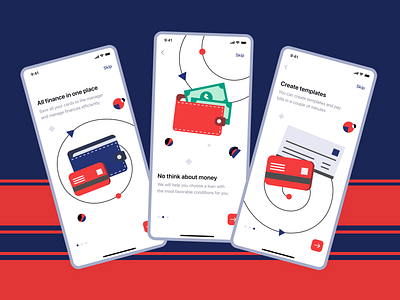 Onboarding Wallet App blue card fintech illustration mobil money onboarding red ui wallet