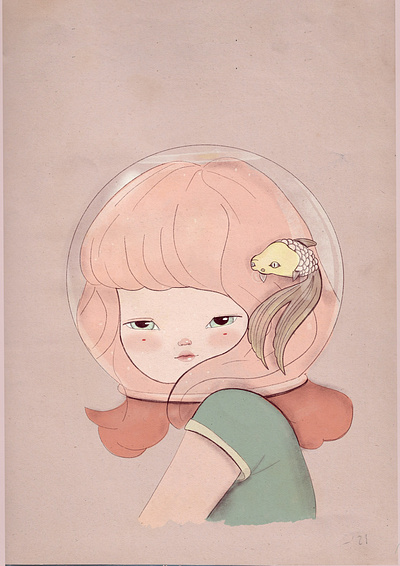 head in a fish tank art character design dari rojas darianoski digitalart drawing girl illustration kawaii procreate