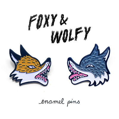 Foxy & Wolfy enamel pins branding design enamel pin font graphic design hand type illustration logo typography