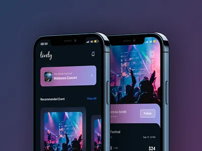 Lively Event App appdesign bookingapp darktheme design event eventapp eventappdesign eventbookingapp iosapp iosappdesign liveevent lively ui uidesign uiux uiuxdesign uxdesign