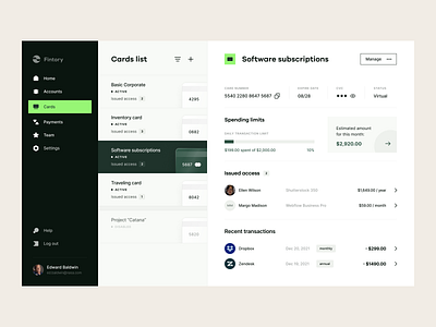 Fintory | SaaS management tool accounting tool application corporate card dashboard design system finance finance dashboard finance management financial app fintech fintech app fintech saas management tool saas saas app spending manager spendings visual idenitity web application