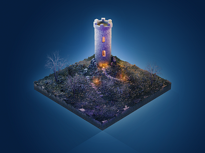 Mini medieval watchtower 3d blender blue design grass illustration isometric isometric illustration landscape medieval tower trees watchtower