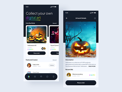 NFT Mobile App auctions bitcoin blokchain clean concept cryptocurrency cypto design details etherium featured marketplace mobile nft nft app online popular ui uiux ux