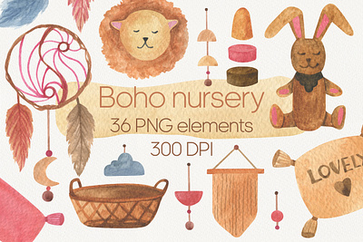 Boho nursery watercolor clipart. Modern boho PNG collection with home decor clipart