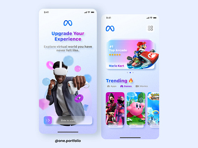 Meta VR APP blue design facebook glass effect glasses glassmorphism gradient mark zukerberg meta minimalist mobile mobile app mobile design oculus product design ui ui design ui designer uitrends uiux