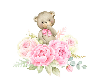 The cute little bear with flowers. Watercolor illustration. baby baby girl baby shower cute animals design floral hand painted illustration teddy bear watercolor