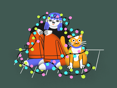 Christmas lights: friends cat christmas flat illustration friends illustration illustrator lights limited colour palette limited palette people illustration pet procreate