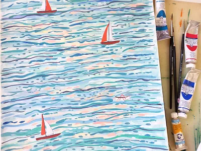Sailing art boats drawing gouache hand drawn illustration painting sailing sea