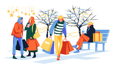 Black Friday and Christmas shopping is coming! blackfriday characters christmas city communication december holiday illustration november people shopping street vector winter