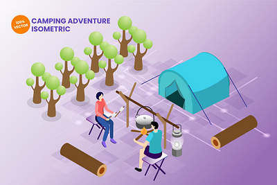 Isometric Outdoor Camping Adventure Vector 3d app concept design graphic design icon illustration isometric landing landing page people technology ui uiux user interface ux vector web web design website