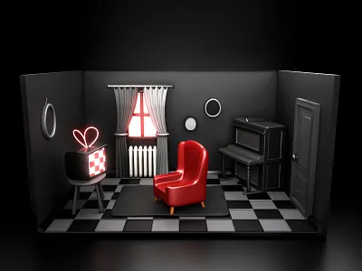 Black Room 3d 3dart art black and white blender cycles furniture home pianom red sofa render room tv