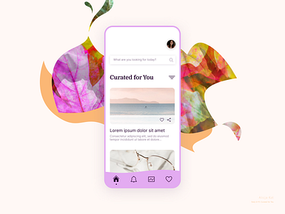 Daily UI #91: Curated for You article bottom navigation colorful daily ui 91 dailyui dailyuichallenge day 91 favorite filter graphic design menu minimalist mobile design pink purple search bar share simple clean interface typography user profile