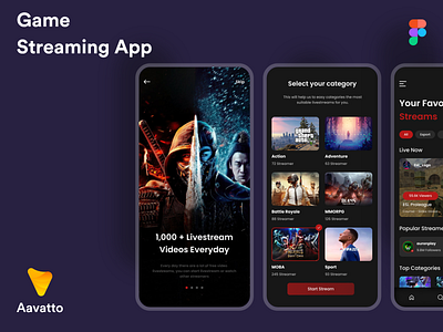 Game Streaming Mobile App aavatto android app clean dark game ios live live streaming minimal mobile mobile app streaming twitch ui ux video