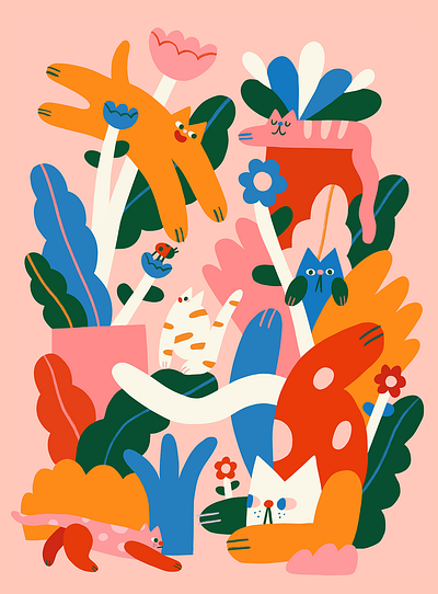 Cats from the garden cat cats colourful flat flowers garden home illustration puzzle