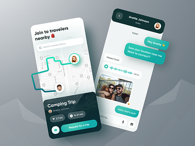 Travel App app application avatar booking camping chat design destination distance graphic illustration jorney map message mountains reaction trip ui ux voice