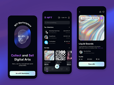 NFT Marketplace - Mobile App arounda auction blockchain crypto cryptoart cryptocurrency design digital art ethereum fintech hologram ios marketplace mobile application nft platform startup token ui uiux