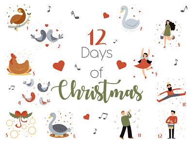 12 Days of Christmas 12 days of christmas 2022 art christmas christmas song christmas tree design flat flat design gift graphic design holidays illustration illustrations new year santa set stickers vector winter