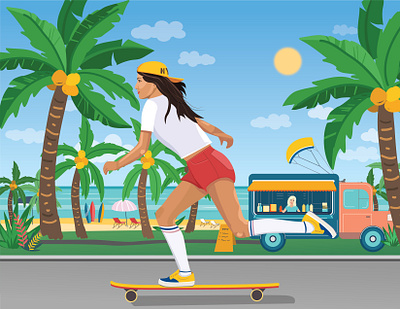 Woman #8 | Girl riding skateboard art artwork banner beautiful bright colorful design flat food girl illustration illustrator modern resort sea teenager trandy transport vector vector drawing