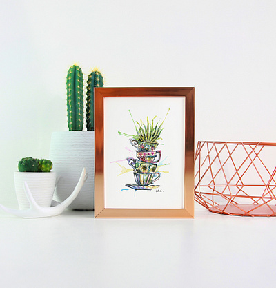 Tea Cup Illustration cactus cup of joe illustration succulent tea cups watercolor