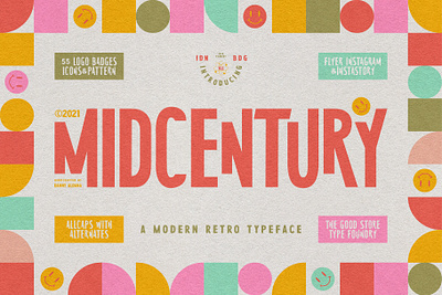 MidCentury - A Modern Retro Typeface 50s allcaps badges fifties flyer font fonts illustration instagram instagram story logo mid century mid century midcentury poster retro smiley trend typeface vintage