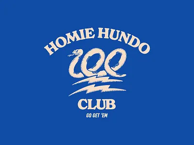 Homie Hundo Club badge blue bolt emoji hand drawn hundred illustration lightning logo procreate shading snake t shirt texture typography white
