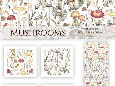 Watercolor Mushrooms Collection arrangement botanical illustration clipart design florals forest mushrooms fungi fungus hand drawn illustration mushroom graphic mushroom icon mushroom illustration mushrooms nature seamless pattern seamless watercolor vintage botanical vintage graphics watercolor