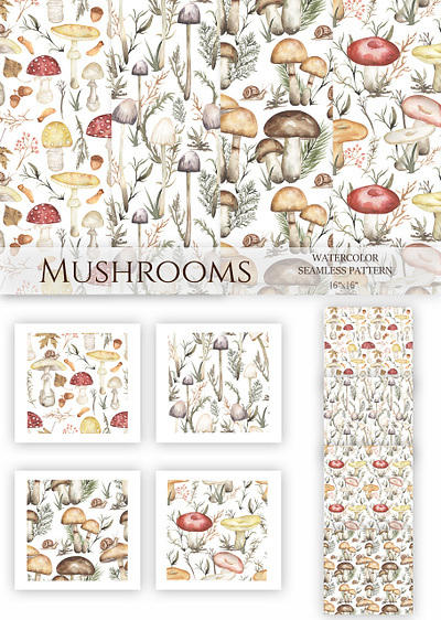 Watercolor Mushrooms Collection arrangement botanical illustration clipart design florals forest mushrooms fungi fungus hand drawn illustration mushroom graphic mushroom icon mushroom illustration mushrooms nature seamless pattern seamless watercolor vintage botanical vintage graphics watercolor