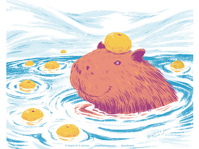 Capybara animal art capybara digital art digital illustration fruit huely huely 2021 huely challenge huely2021 illustration limited colour palette limited colours yuzu yuzu bath