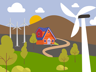 Eco energy (wind energy) turbines near the house eco energy eco house energy station green energy illustration mountains nature house renewable energy turbines wind energy wind turbine