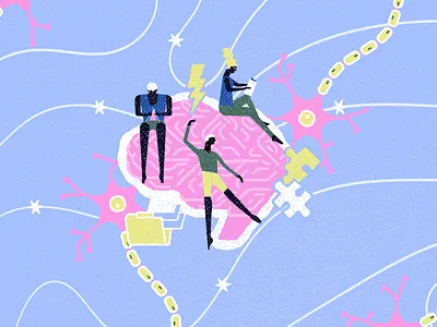 Gymnastics For The Brain brain character cover dancing design flat geometric graphic design health hero icon illustration illustrator line neuron people person reading vector