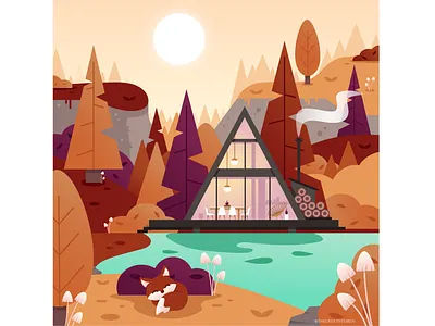 Fall Cabin a line a line cabin a line house adobe illustrator architecture autumn design fall flatdesign forest fox graphic design illustration interior landscape vector art woods