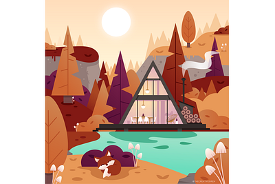 Fall Cabin a line a line cabin a line house adobe illustrator architecture autumn design fall flatdesign forest fox graphic design illustration interior landscape vector art woods