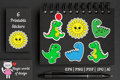 Dinosaur Cartoon Stickers PNG for kids, Printable sticker animation design illustration vector