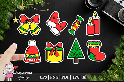 Christmas Stickers Bundle, 8 Printable Stickers PNG design illustration vector