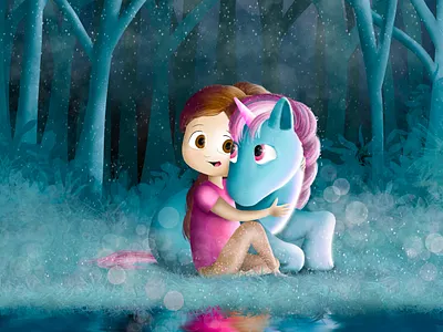 unicorn in the forest digital forest girl illustration unicorn