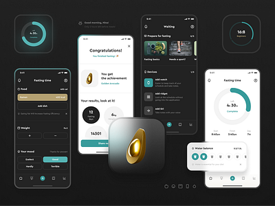 Fasting app 3d app chart dark dashboard diet fitness fruit glass health interface ios light mobile ui ux weight workout
