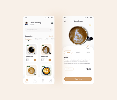 Online Coffee shop app UI 2022 add to cart app design clean coffee coffee shop design illustration logo minimal mobile app online store order screen product design responsive design screen template trendy design ui ux web design