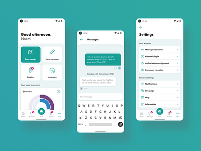 Insurance App – Home screen, Messaging, Settings android app design health home home screen insurance ios message messaging mobile settings startscreen ui